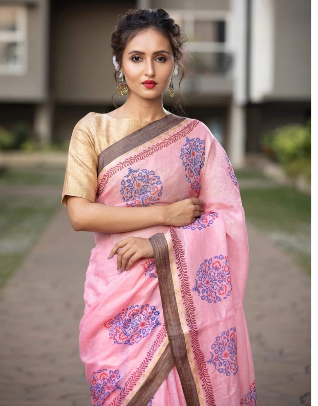 Elegant Light Pink Ajrakh Print Cotton Silk Saree