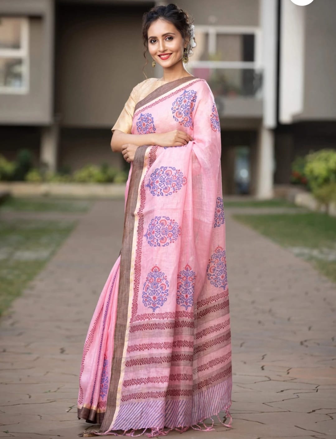Elegant Light Pink Ajrakh Print Cotton Silk Saree