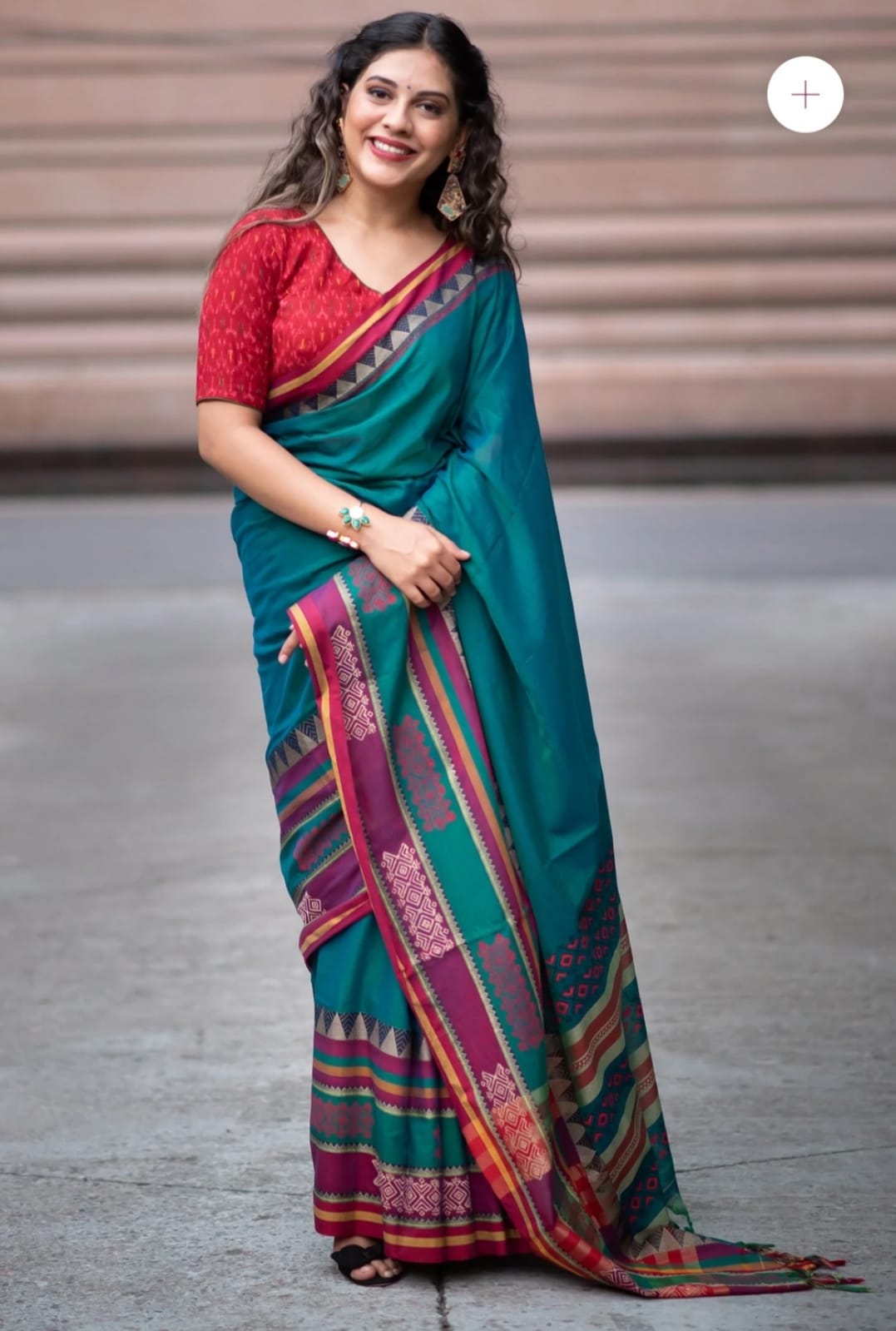 Admiring Teal Blue Ajrakh Print Cotton Saree