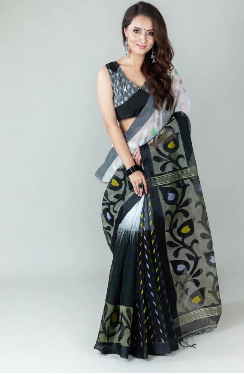 Black And White Color Printed Silk Pretty Saree