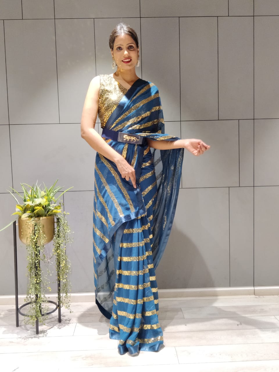 Ready To Wear Teal Blue Sequince Work  Saree