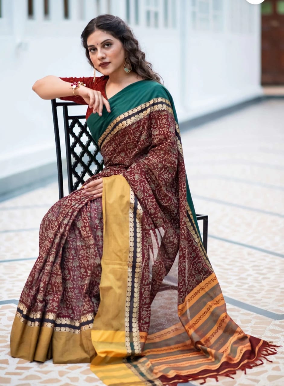 Pretty Maroon Color Soft Cotton Silk Saree