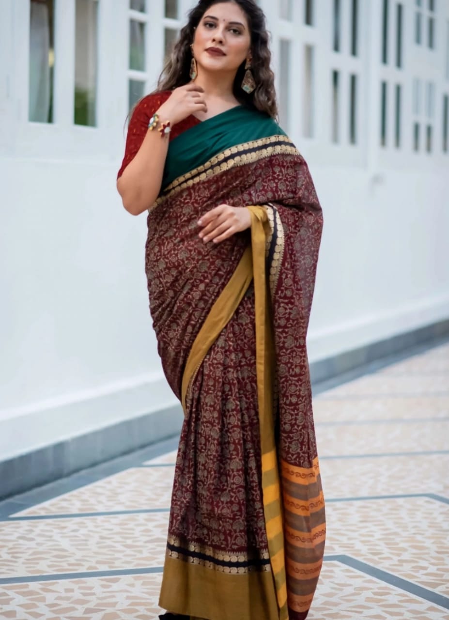 Pretty Maroon Color Soft Cotton Silk Saree