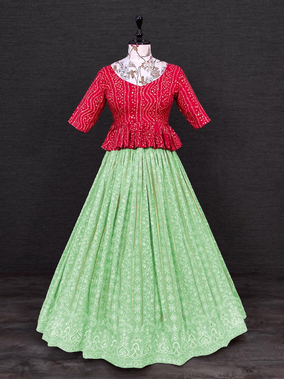 Stunning Pista Green Color Lucknowi Work Lehenga With Red Top