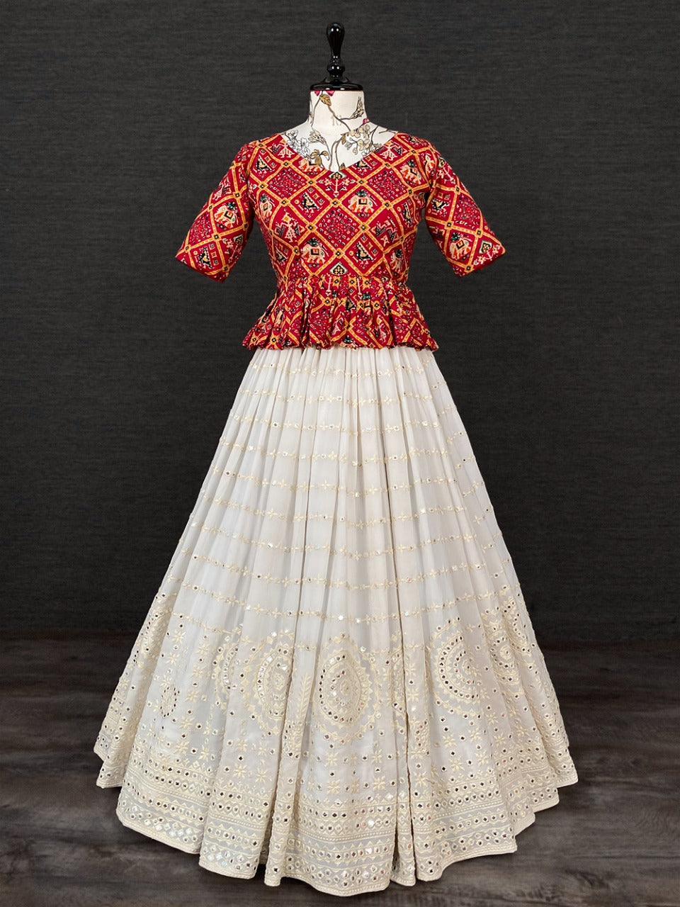 Alluring White Color Lucknowi Mirror Work Lehenga With Patola Print Top