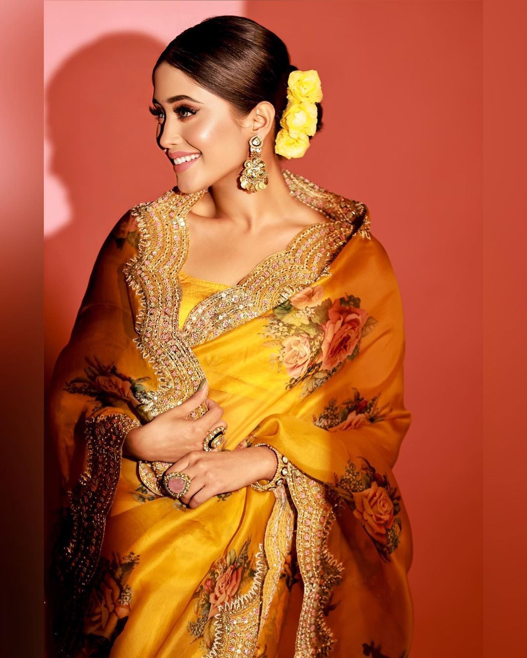 Shivangi Joshi Wear Mustard Color Rajwadi Silk Saree