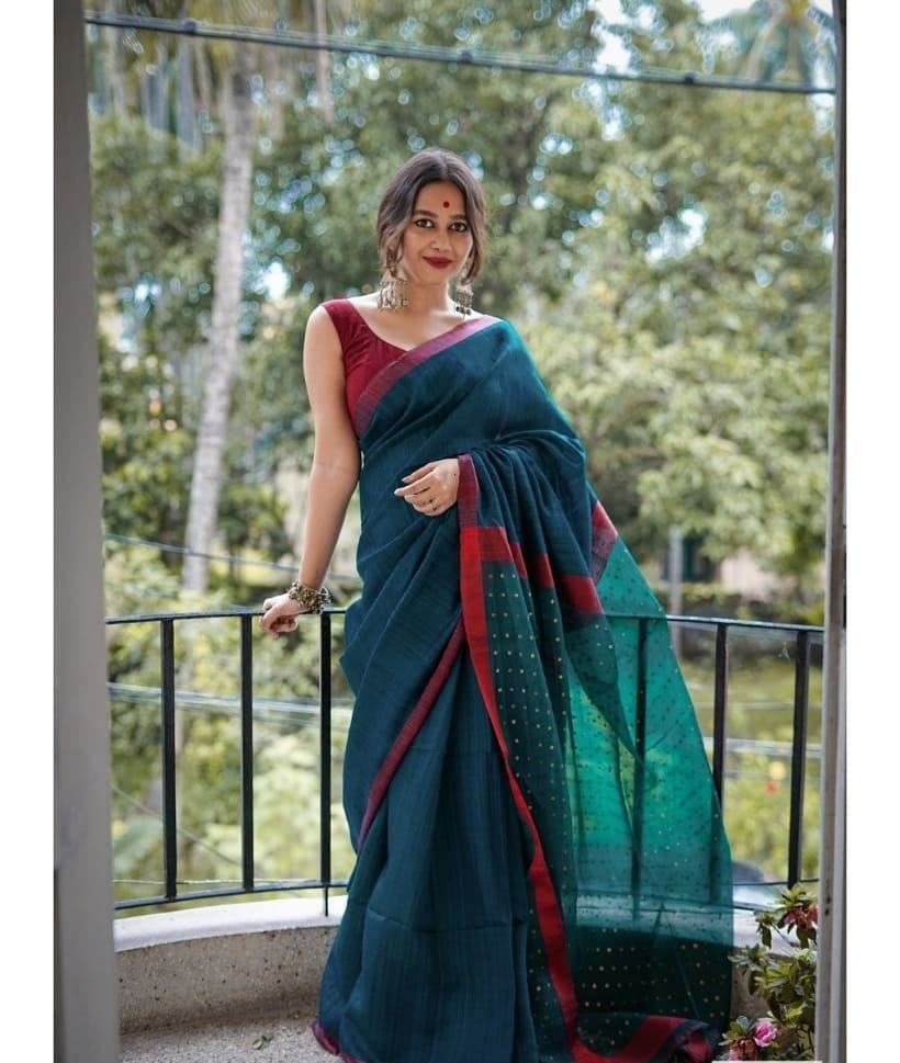 Marvelous Dark Green With Red Woven Border Saree