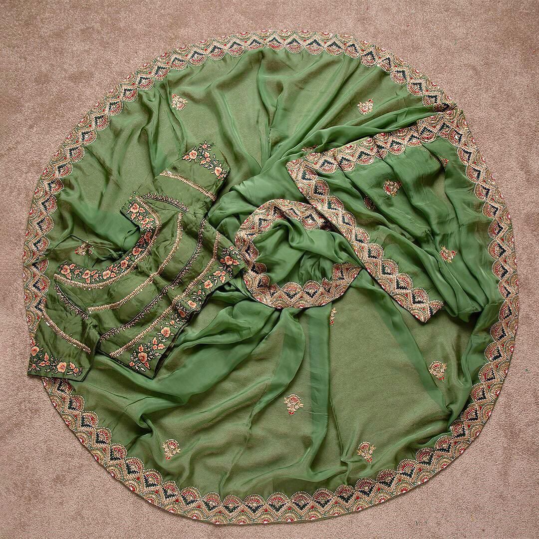 Embroidery Multi Thread Work Pista Green Color Saree