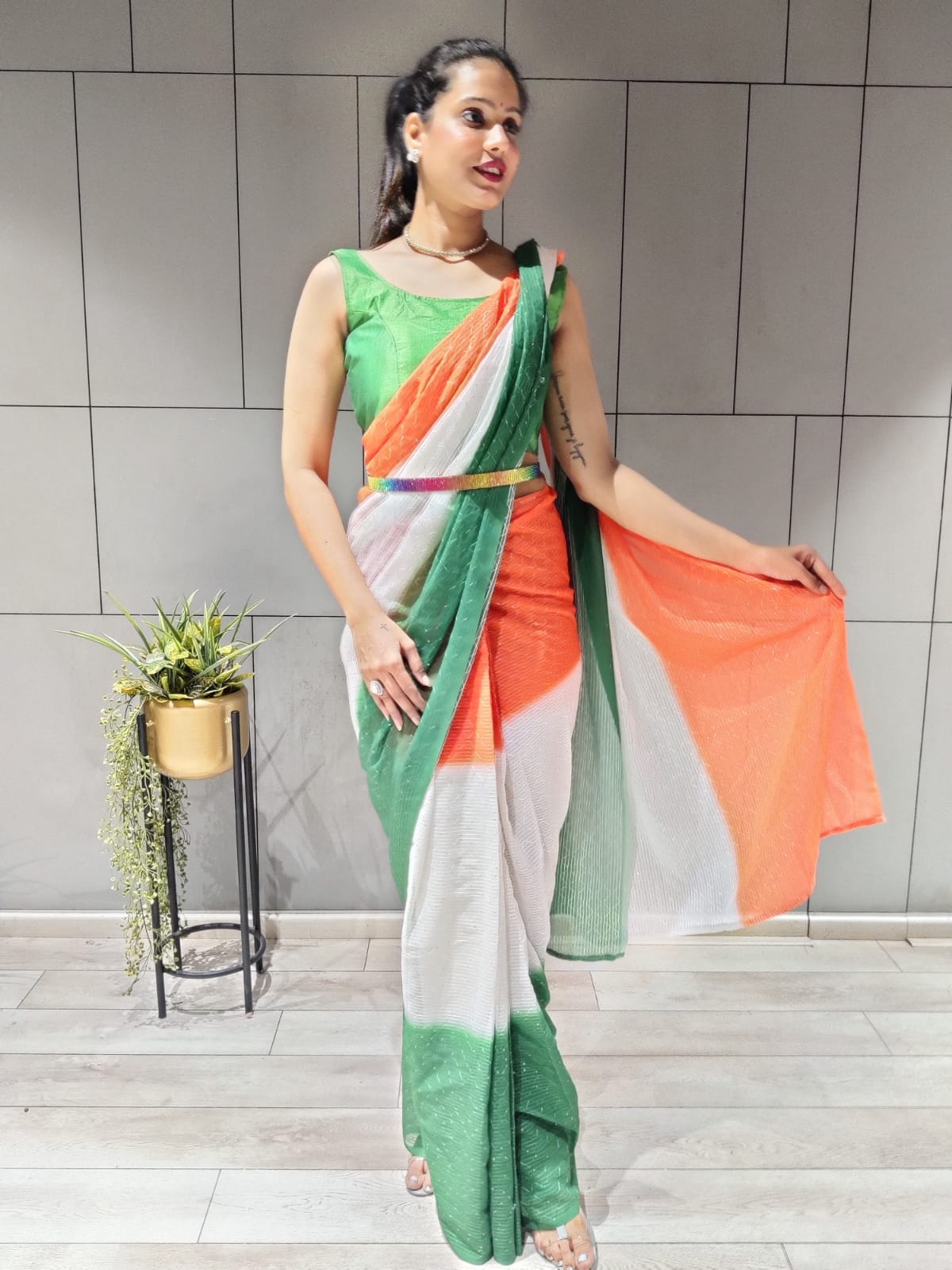 Tiranga Print Sequence Work Ready To Wear Saree