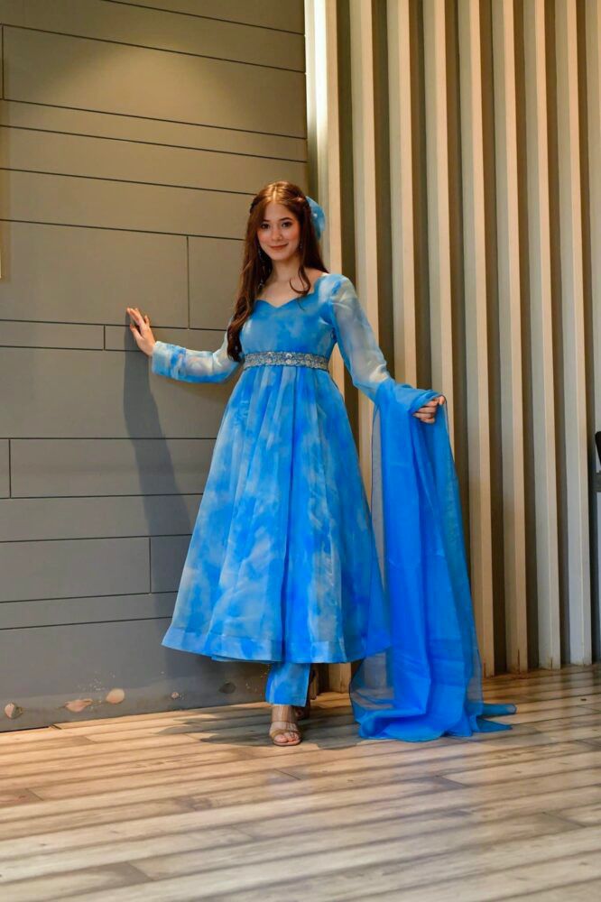 Beautiful Shibori Print Blue Color Organza Silk Gown