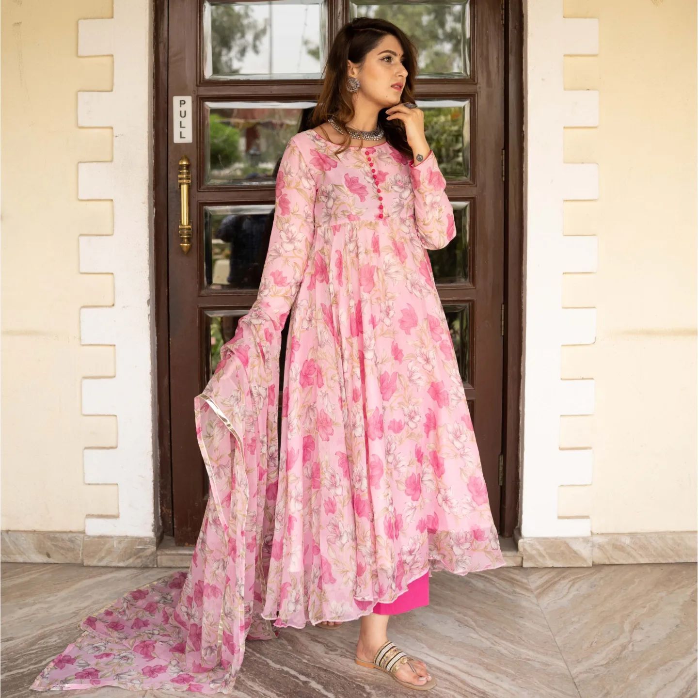 Digital Printed Pink Color Fancy Potli Button Gown With Dupatta