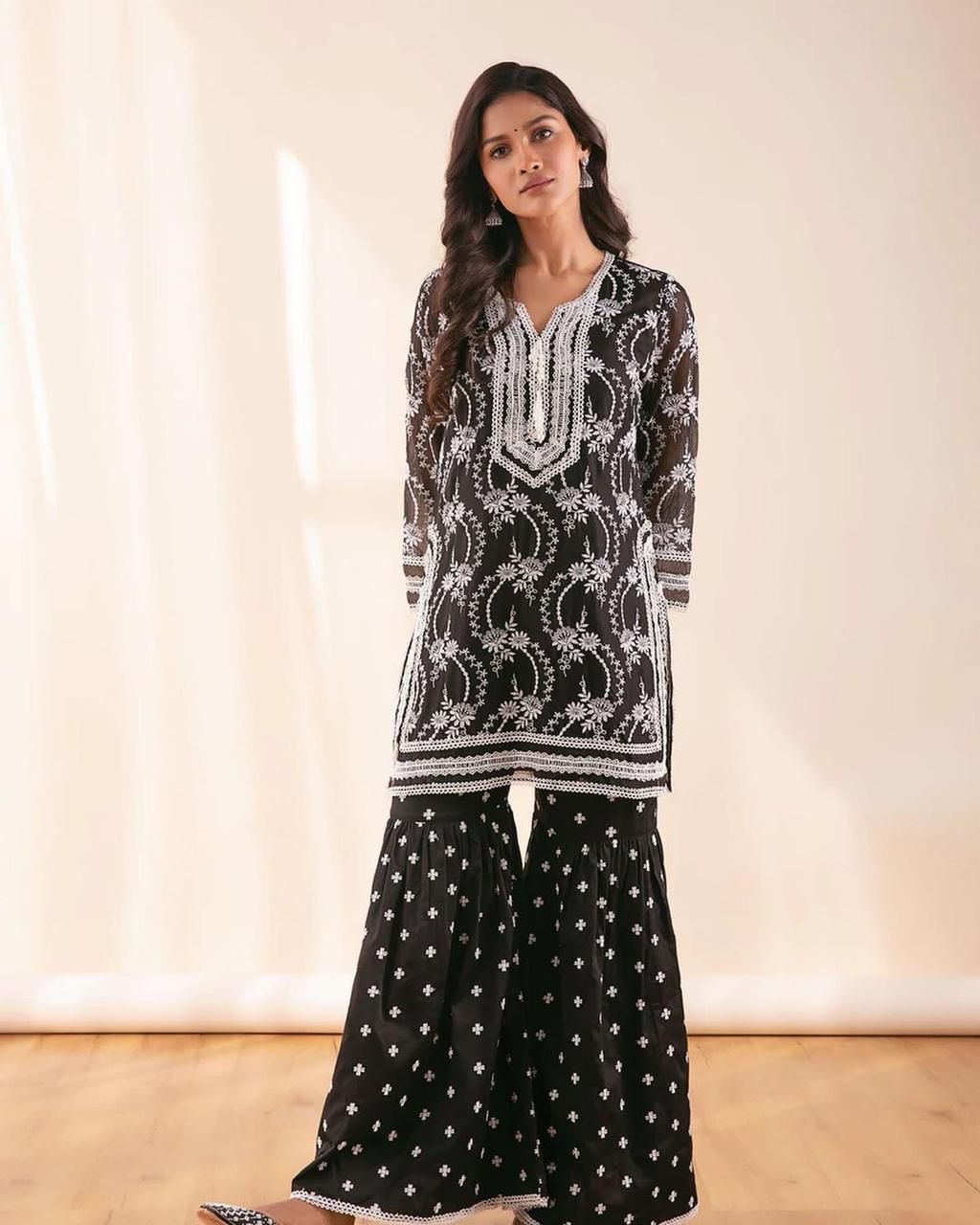 Stylish Black Color Thread Work Sharara Suit