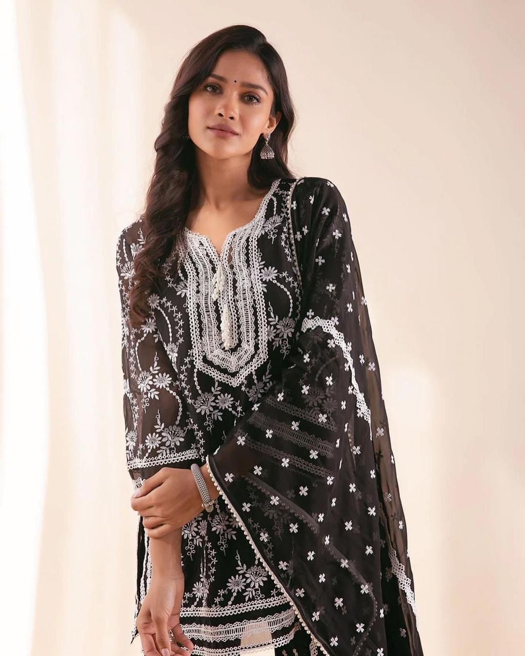 Stylish Black Color Thread Work Sharara Suit