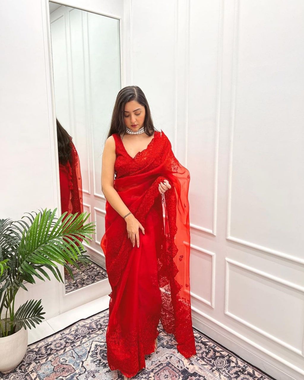 Awesome Red Color Chain-stitch Work Saree