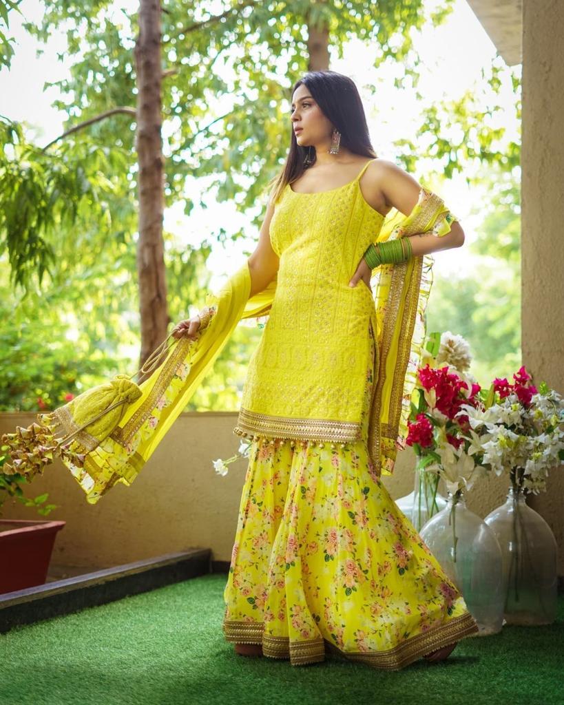 Fancy Lemon Yellow Color Embroidery Work Sharara Suit