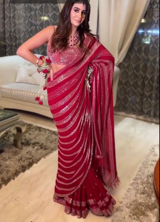 Red Color Sequence Work Bollywood Style Saree