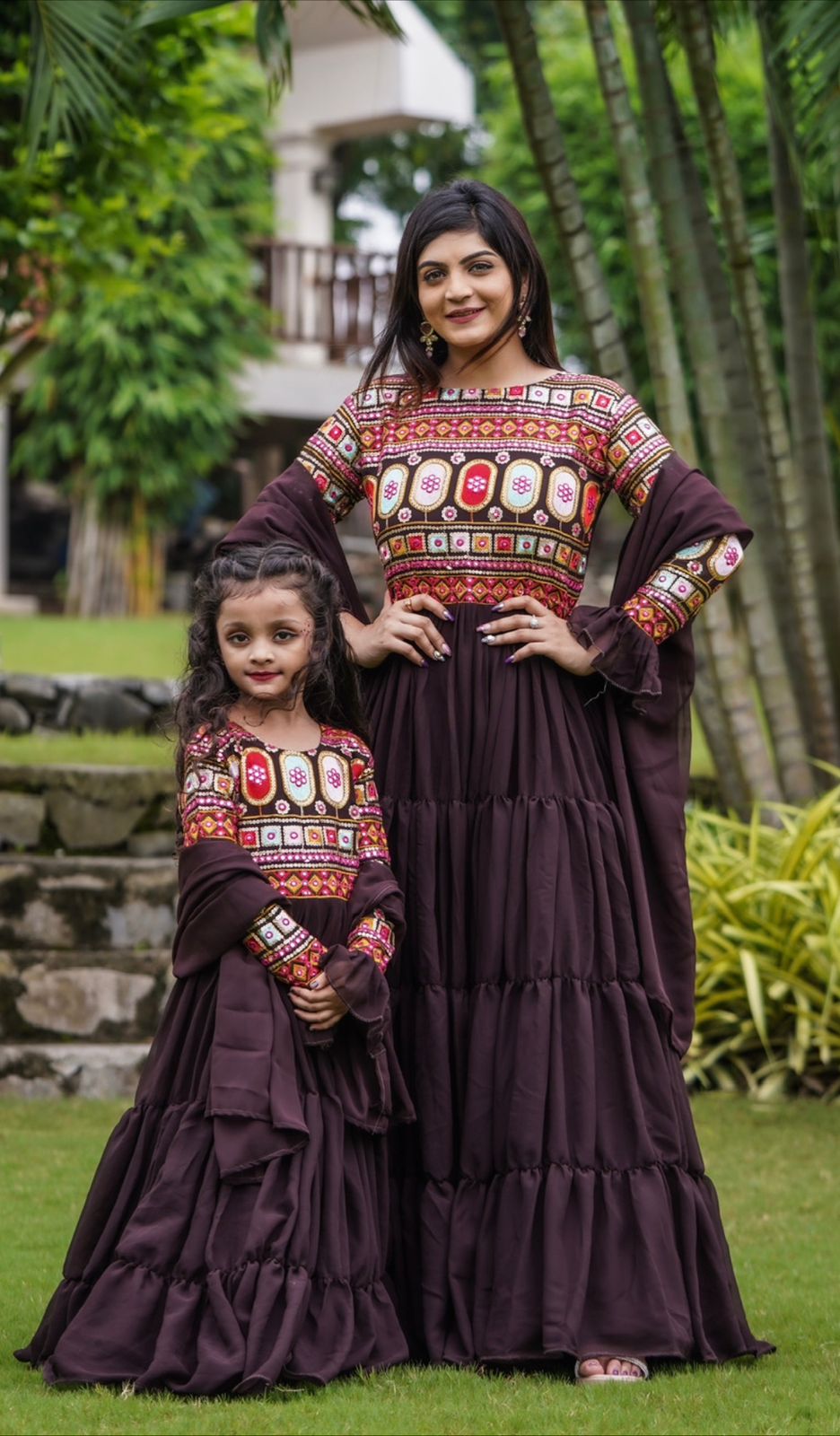 Ruffle Style Brown Color Sequence Thread Work Mother Daughter Gown