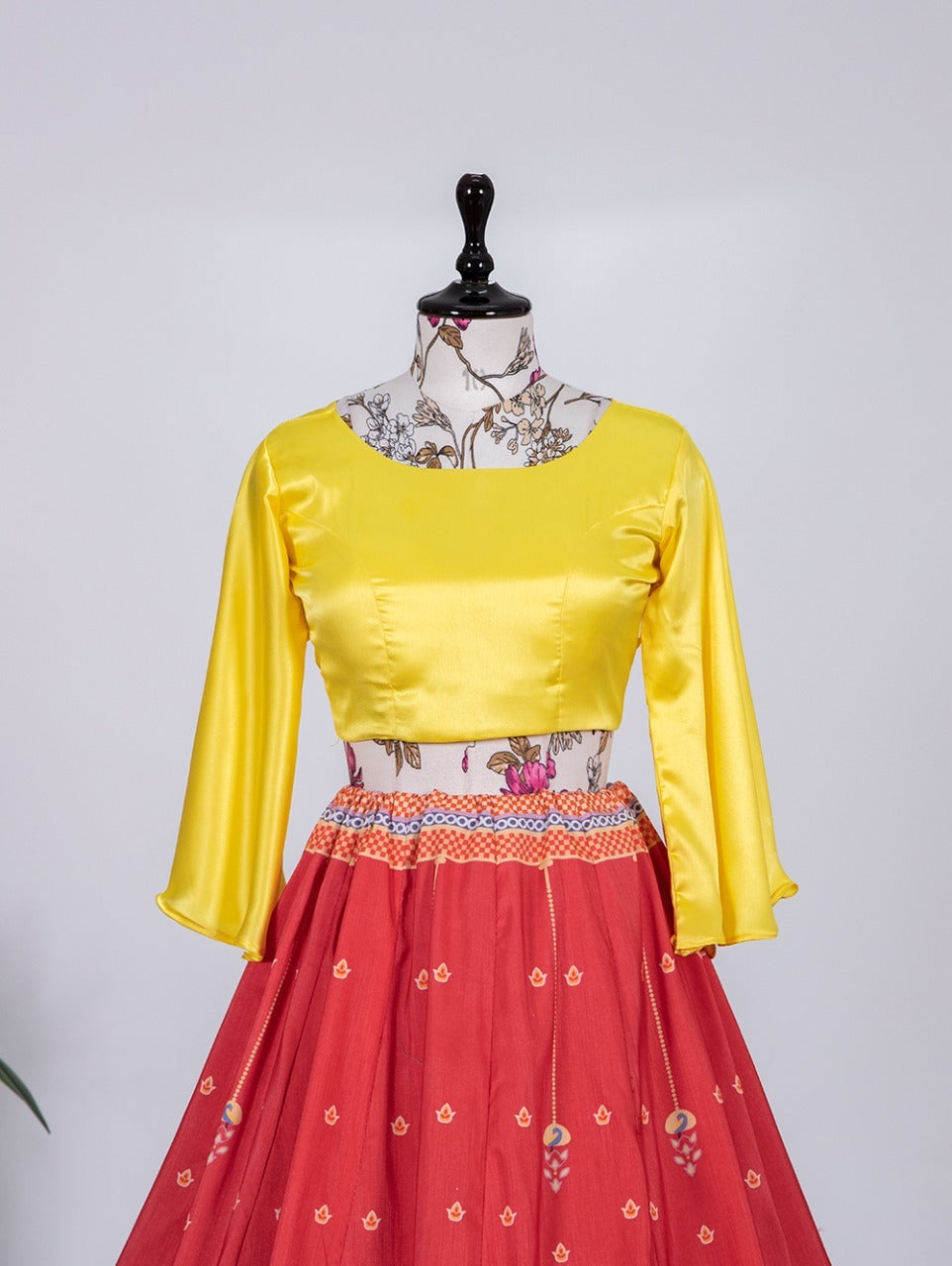 Yellow Color Fairy Sleeve Blouse With Red Color Silk Lehenga