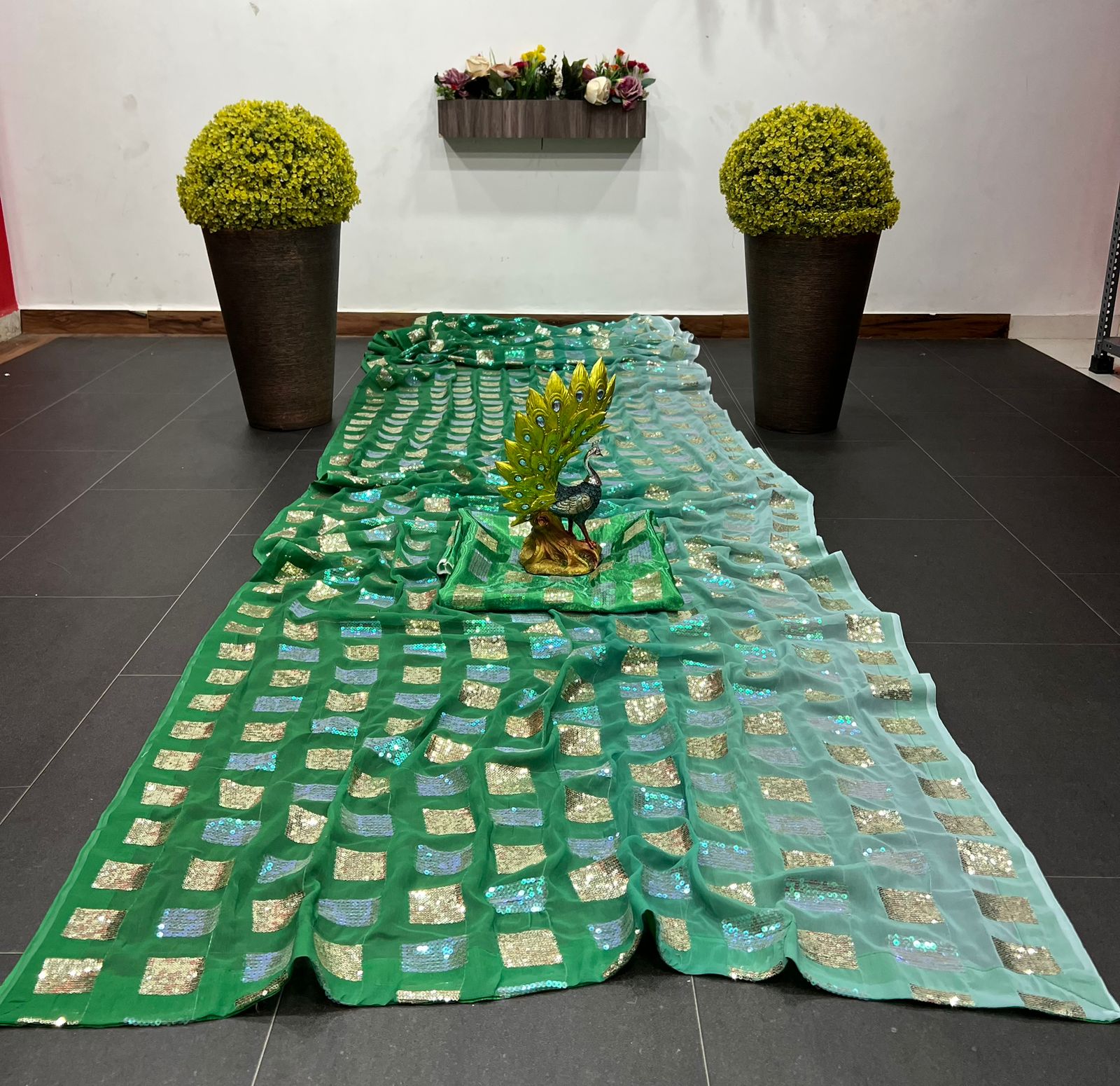 Green Color Double Shade Sequence Work Saree