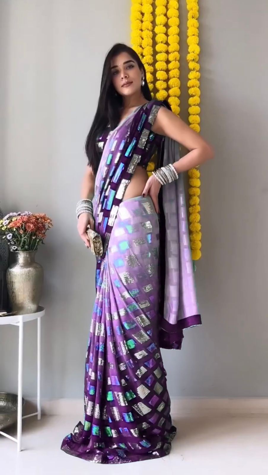 Purple Color Double Shade Sequence Work Saree