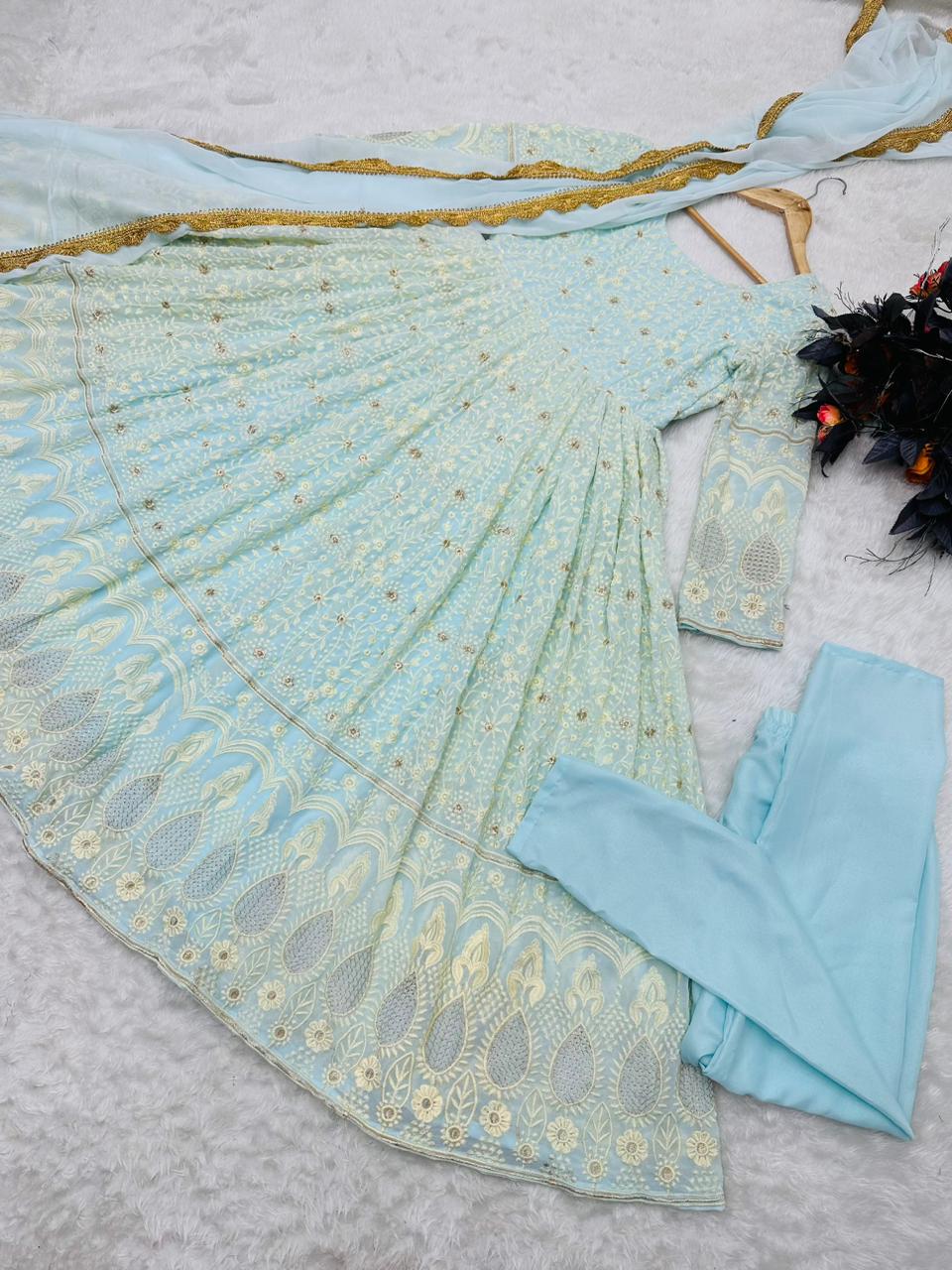 Lovely  Sky Blue Color Embroidery Work Gown