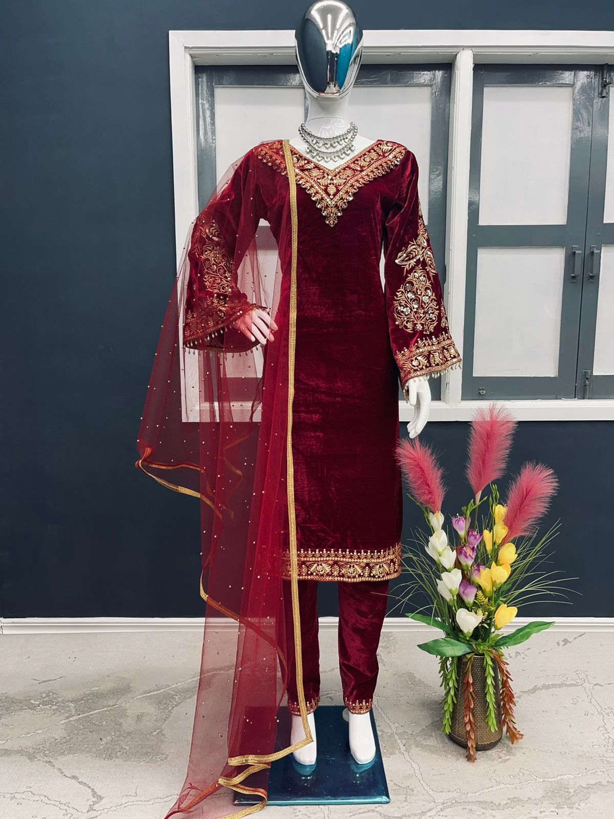 Delightful Maroon Color Viscose Velvet Salwar Suit