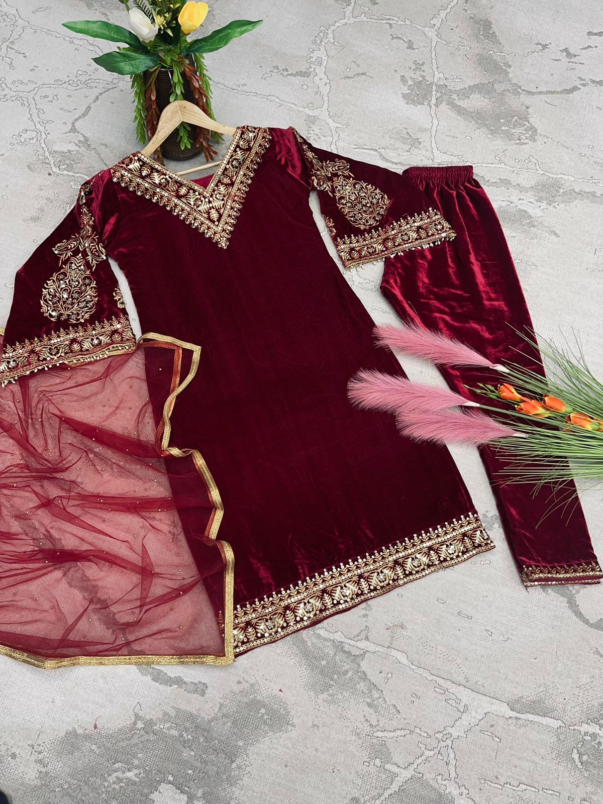 Delightful Maroon Color Viscose Velvet Salwar Suit