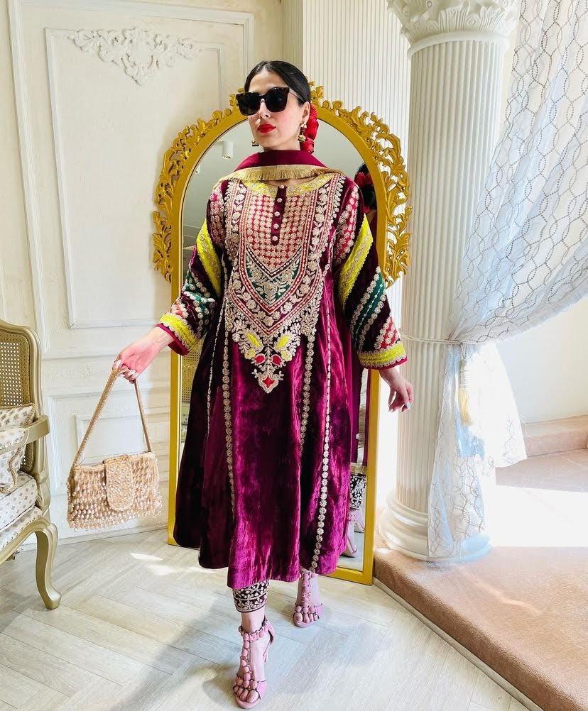 Gorgeous Embroidered Work Wine Color Velvet Salwar Suit