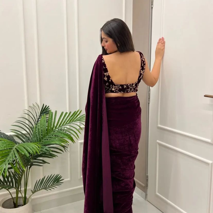 Wine Color Velvet Saree With Embroidery Work Blouse