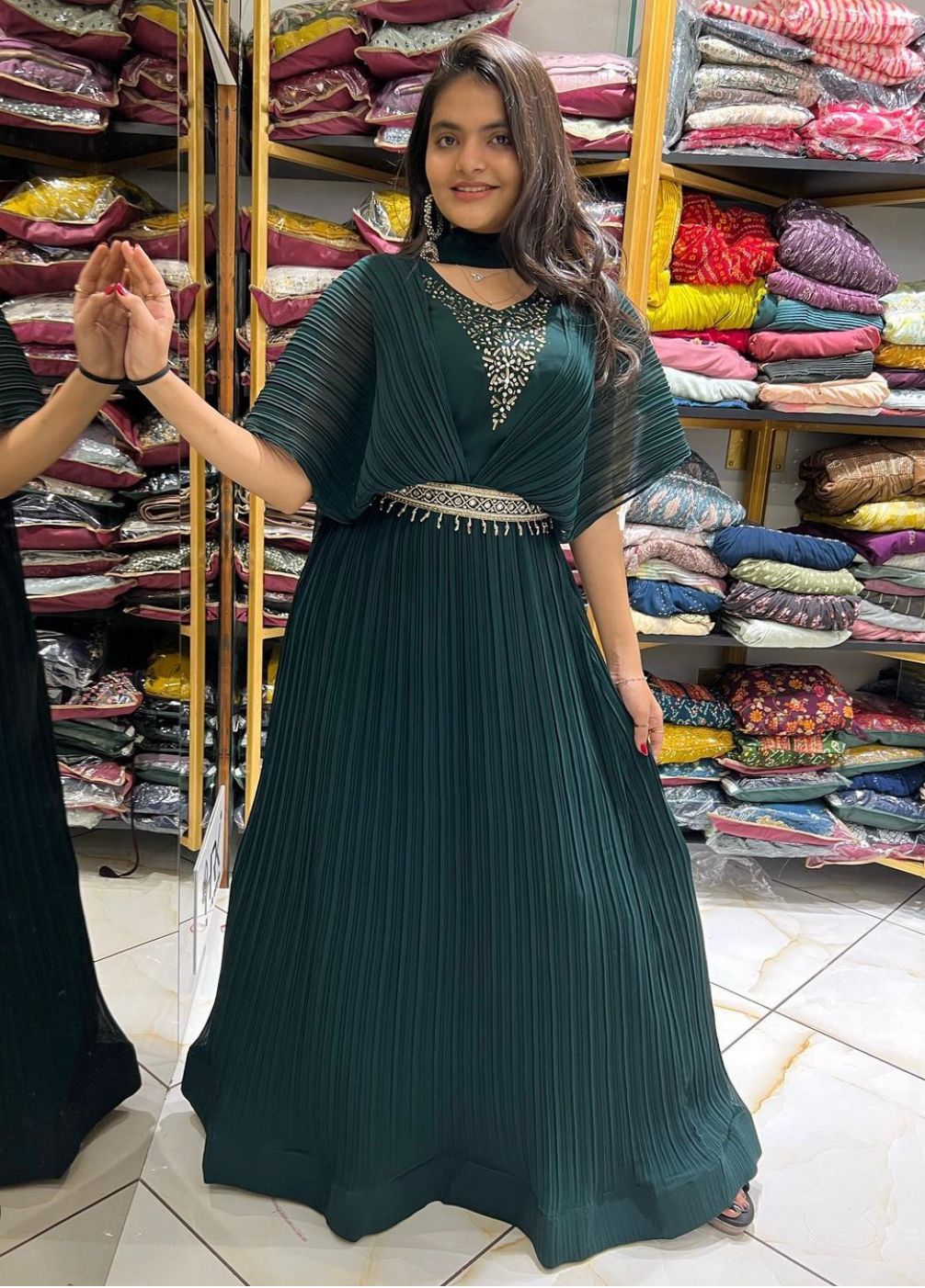 Designer Green Color Khatli Work Pleated Gown