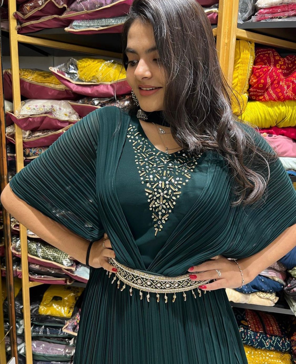 Designer Green Color Khatli Work Pleated Gown