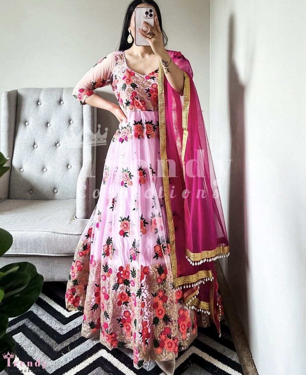 Exclusive Light Pink Color Embroidery With Moti Work Gown