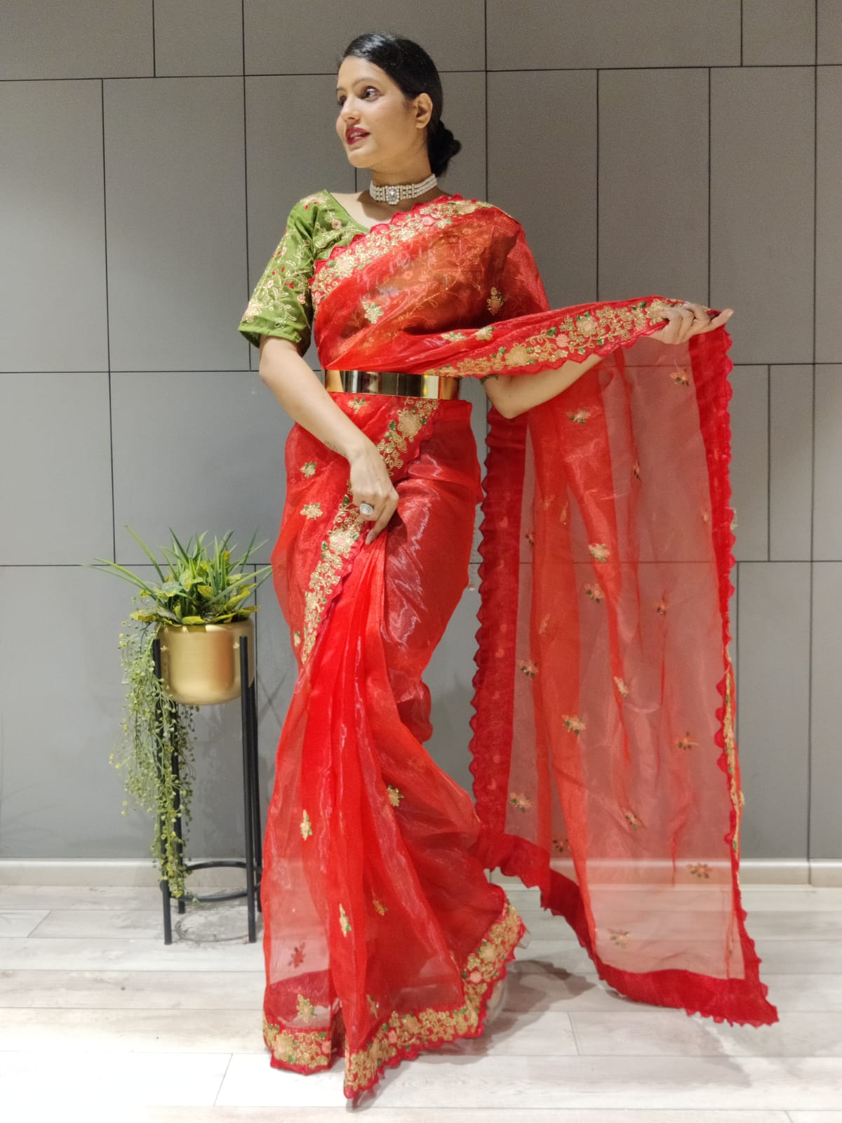 Red Color Coding & Sequins Work Ready To Wear Organza Saree