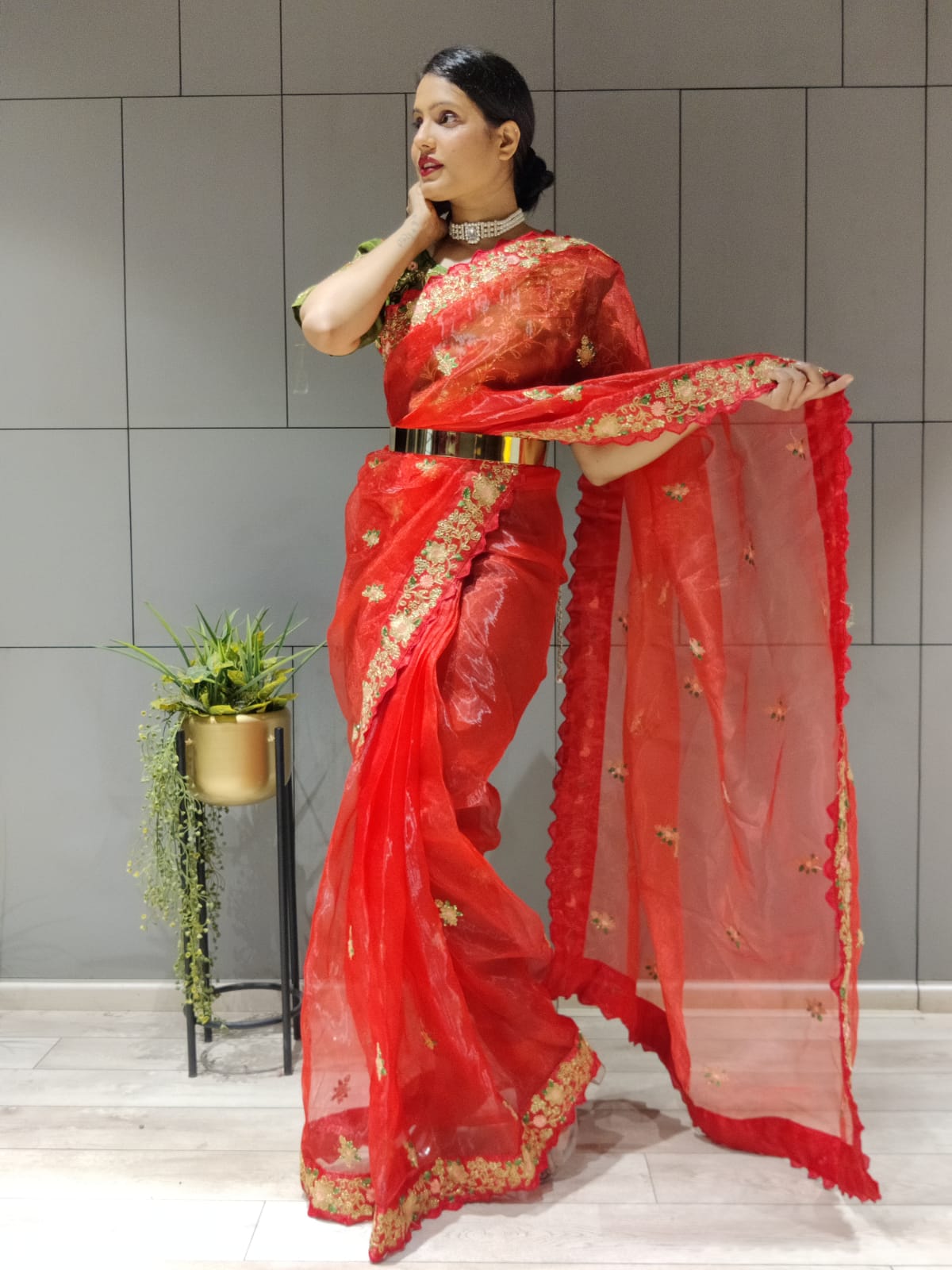 Red Color Coding & Sequins Work Ready To Wear Organza Saree