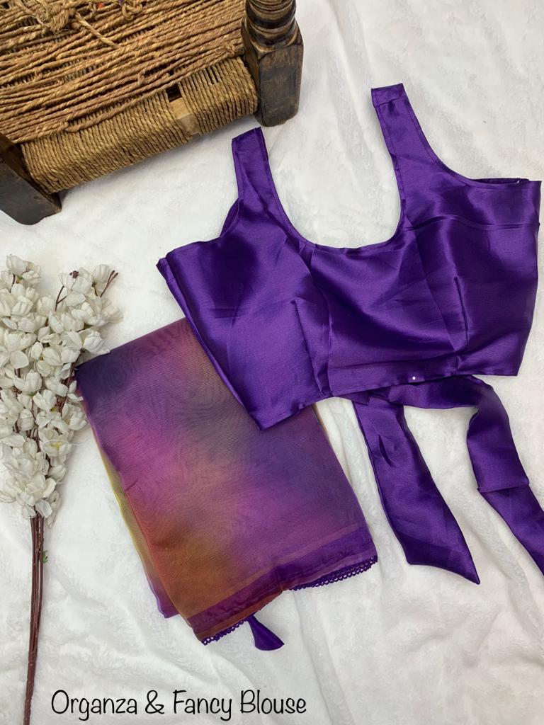 Beautiful Purple With Multi Color Printed Organza Saree