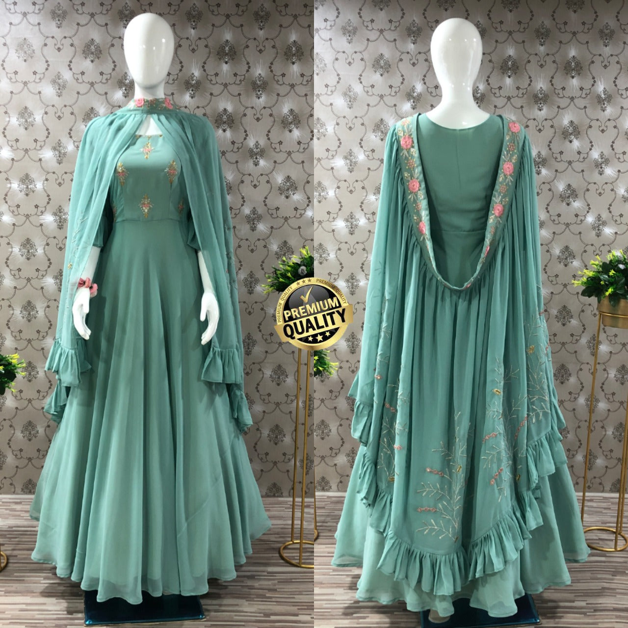Designer Different Way Wearing Pista Green Color Stylish Gown