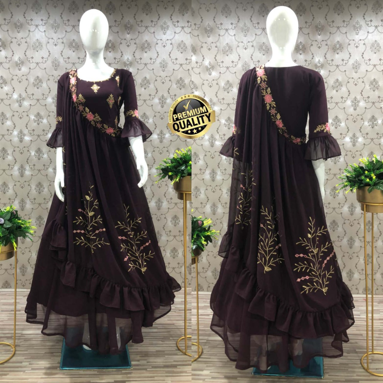 Designer Different Way Wearing Brown Color Stylish Gown