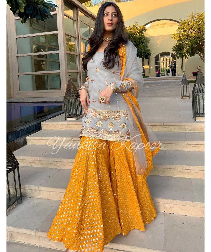 Grey With Mustard Color Embroidery Sequence Work Sharara Suit