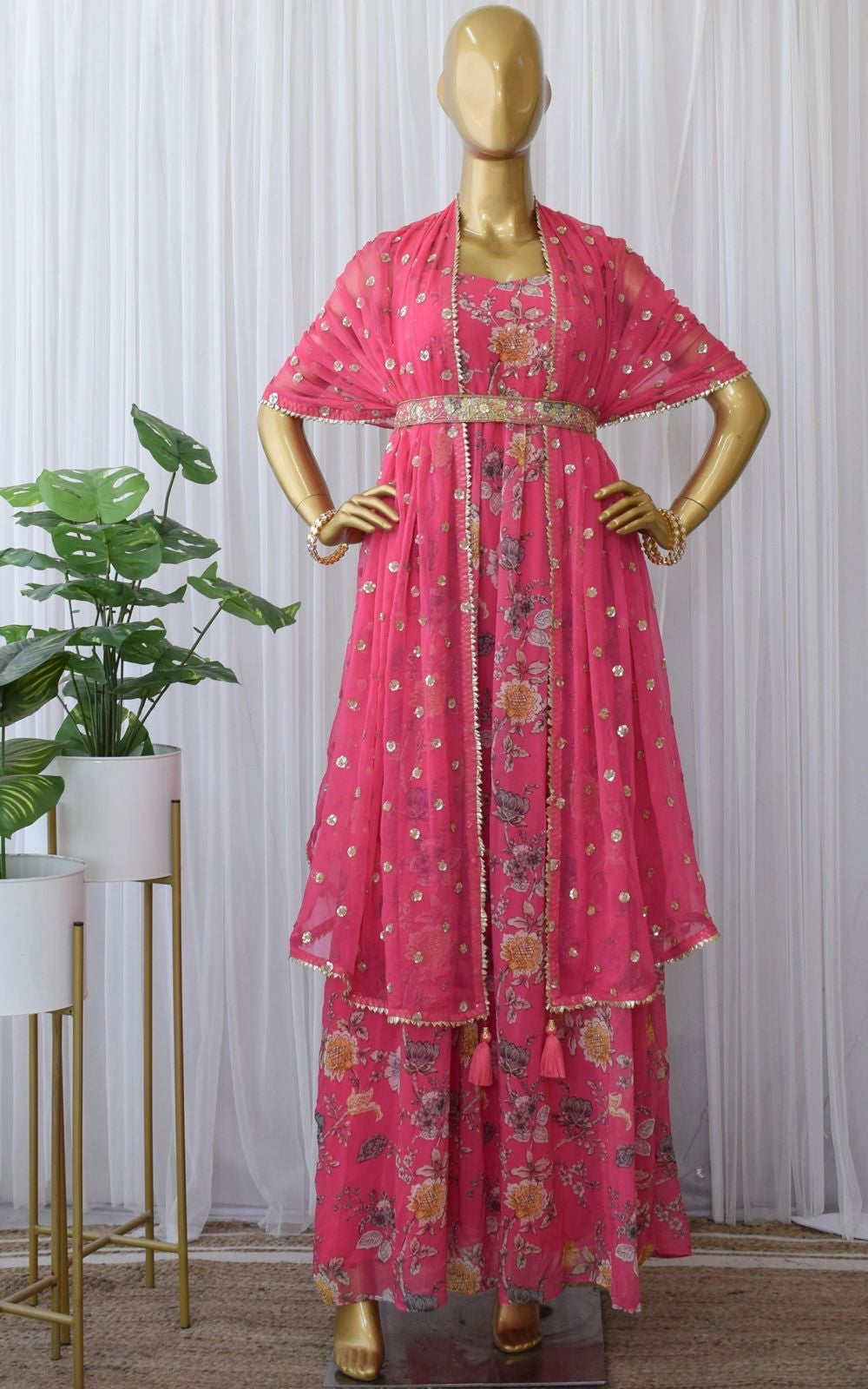 Beautiful Pink Color Sequence Work Digital Printed Gown