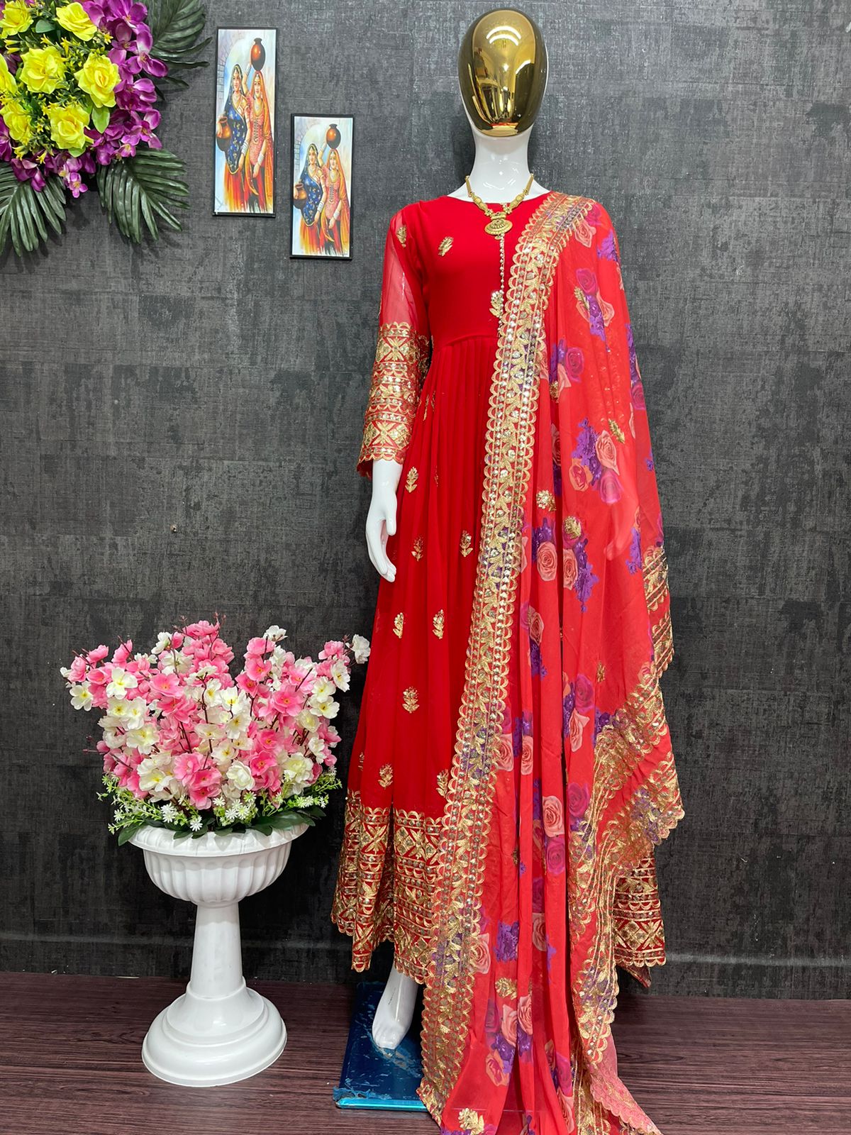 Festive Wear Chine Sequence Work Red Color Gown