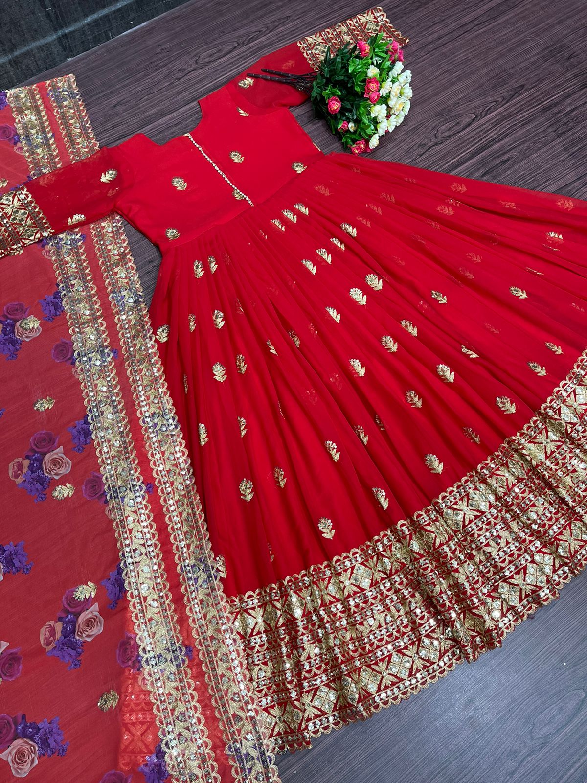 Festive Wear Chine Sequence Work Red Color Gown