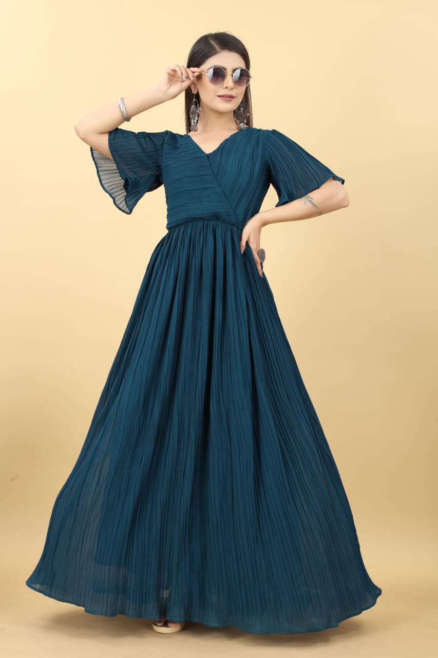 Teal Blue Color Pleated Georgette Designer Gown