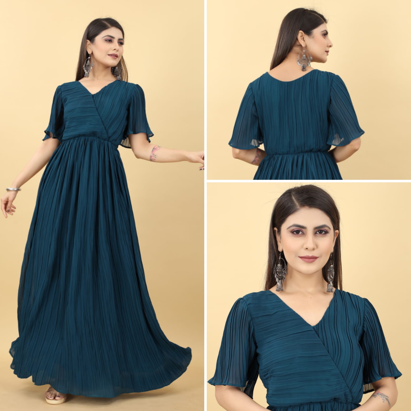 Teal Blue Color Pleated Georgette Designer Gown