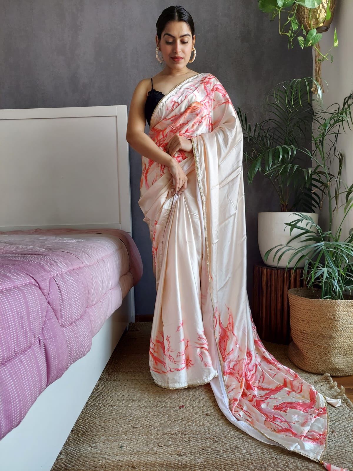 Digital Printed Hand Work Off-white Color Saree