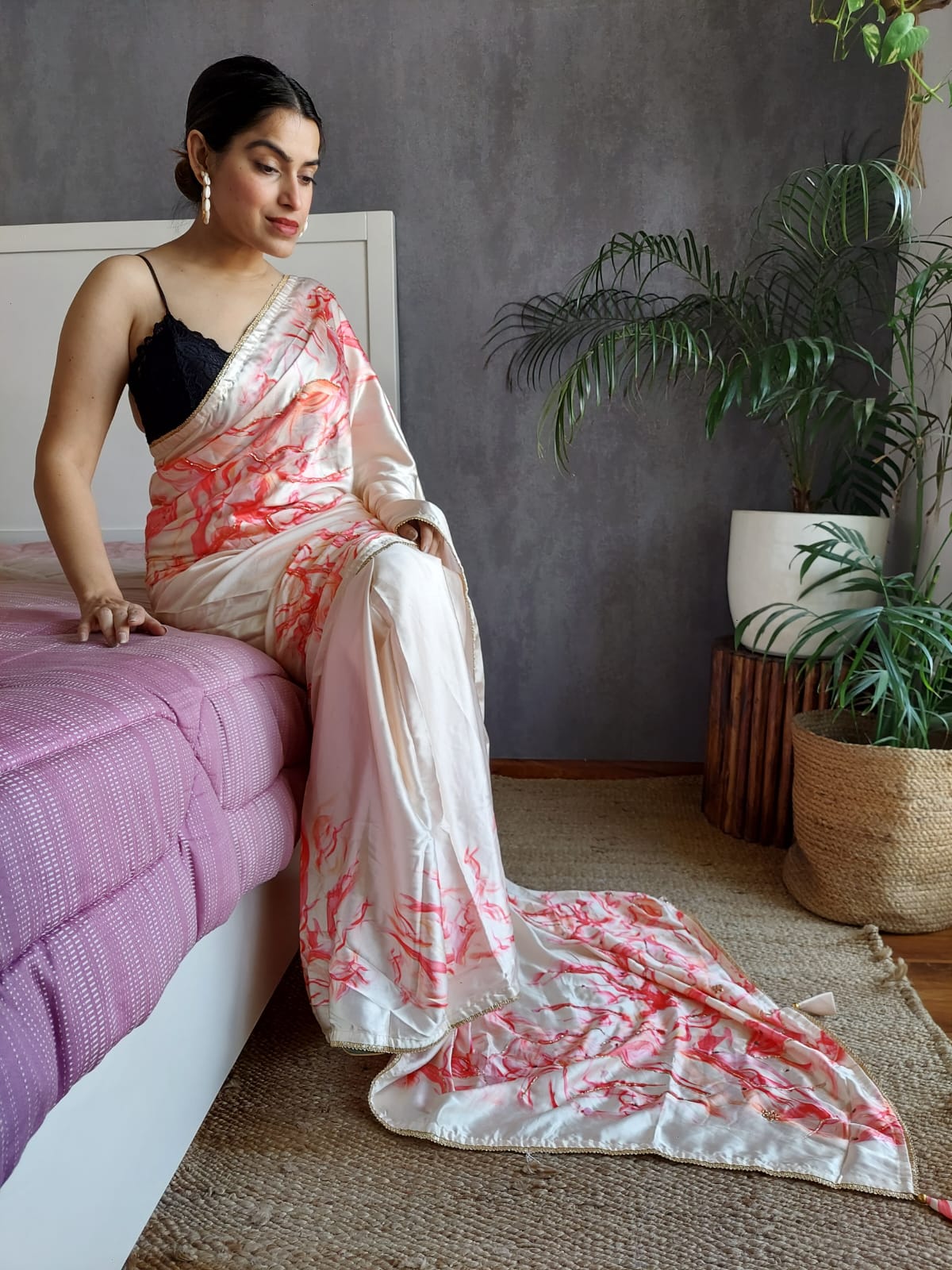 Digital Printed Hand Work Off-white Color Saree