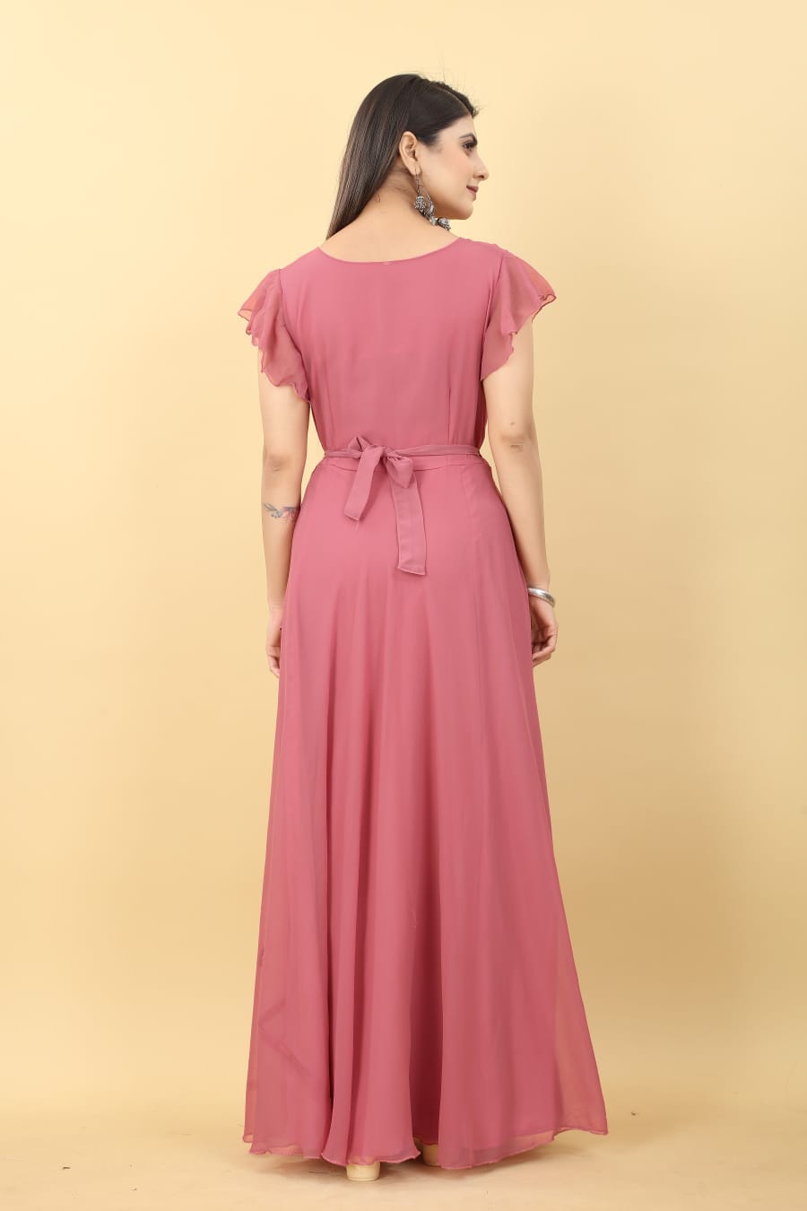 Umbrella Sleeve Peach Color Georgette Gown