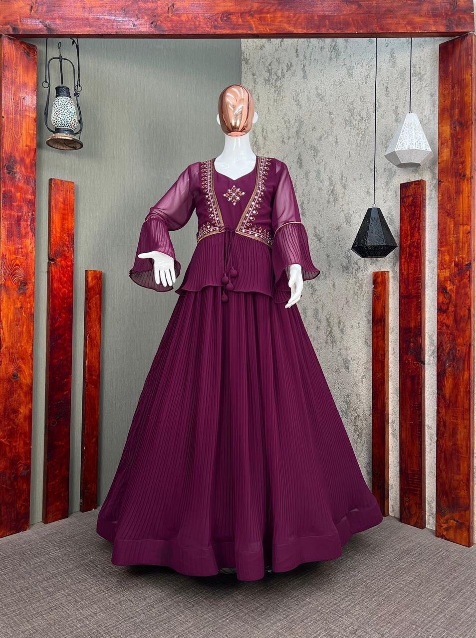 Party Wear Wine Color Mirror Thread Work Gown With Fancy Koti