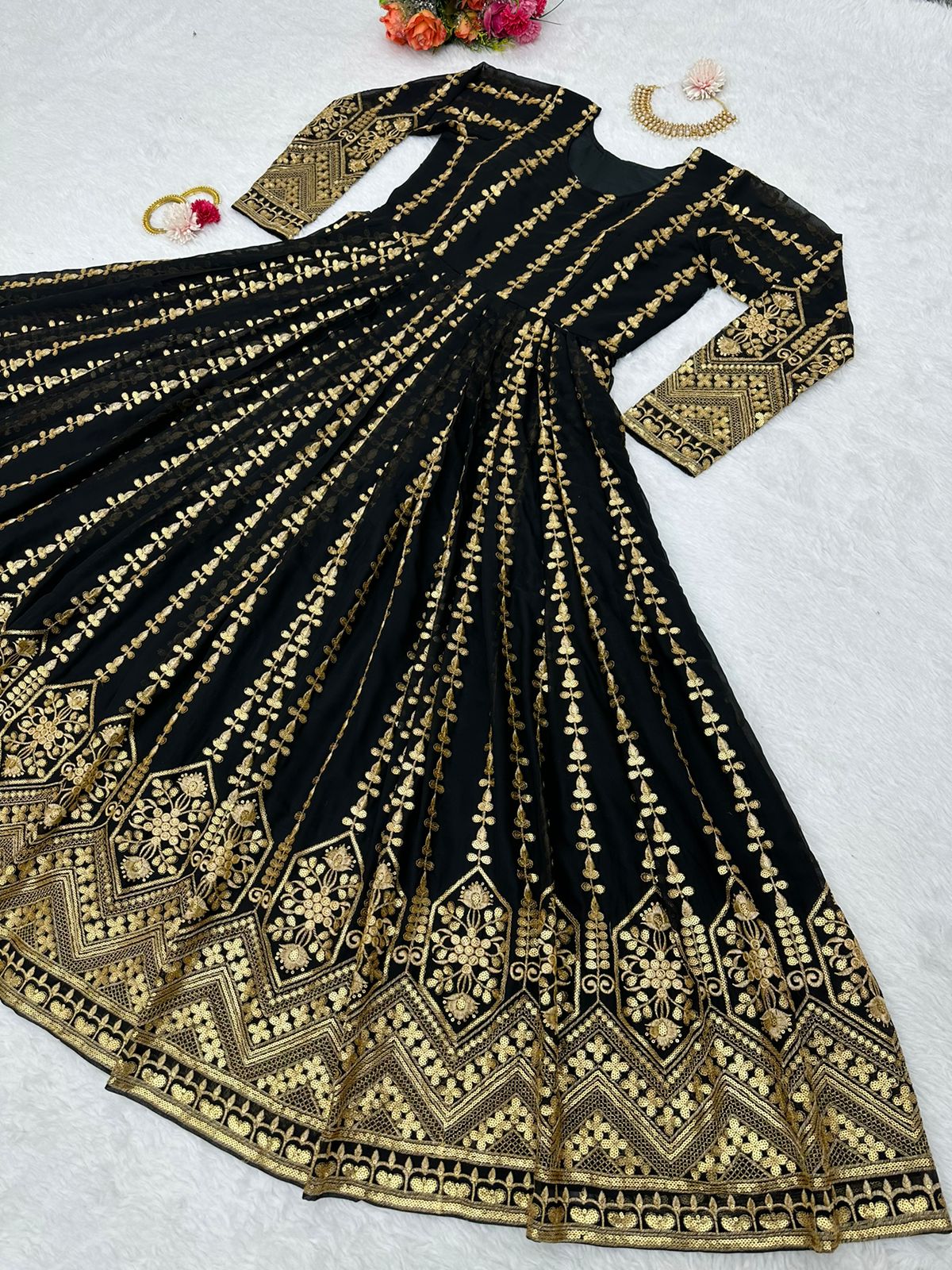 Attractive Sequence Embroidery Work Black Color Gown