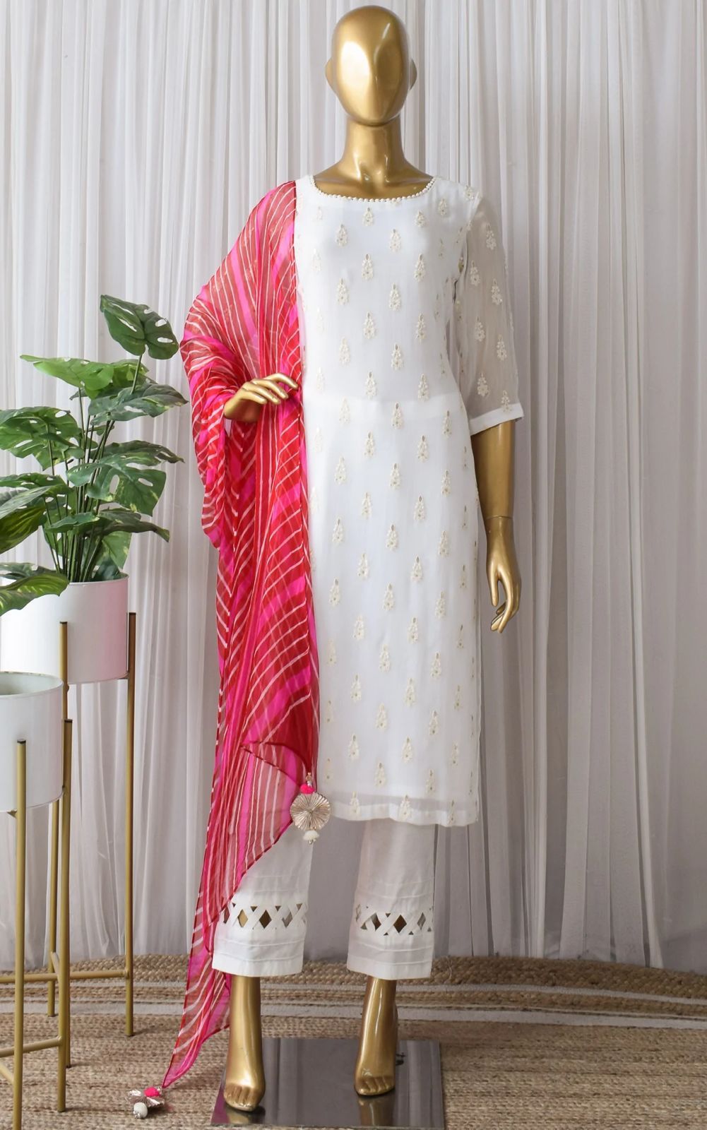 Trendy White Color Suit With Red Leheriya Print Dupatta