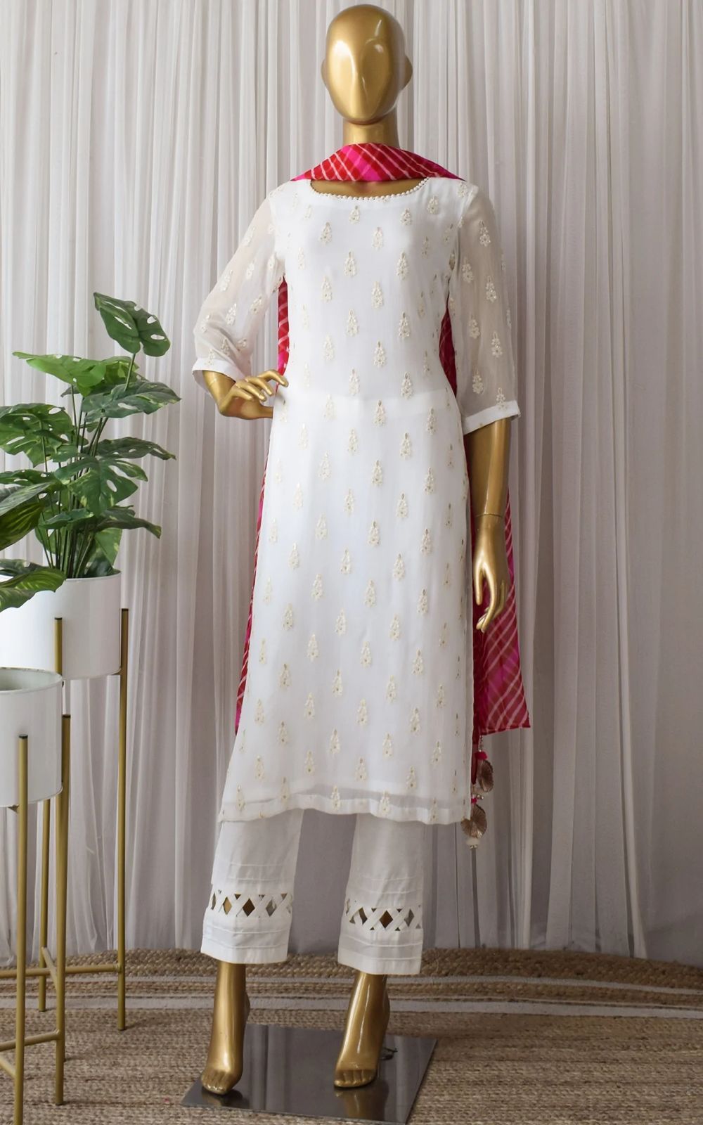 Trendy White Color Suit With Red Leheriya Print Dupatta